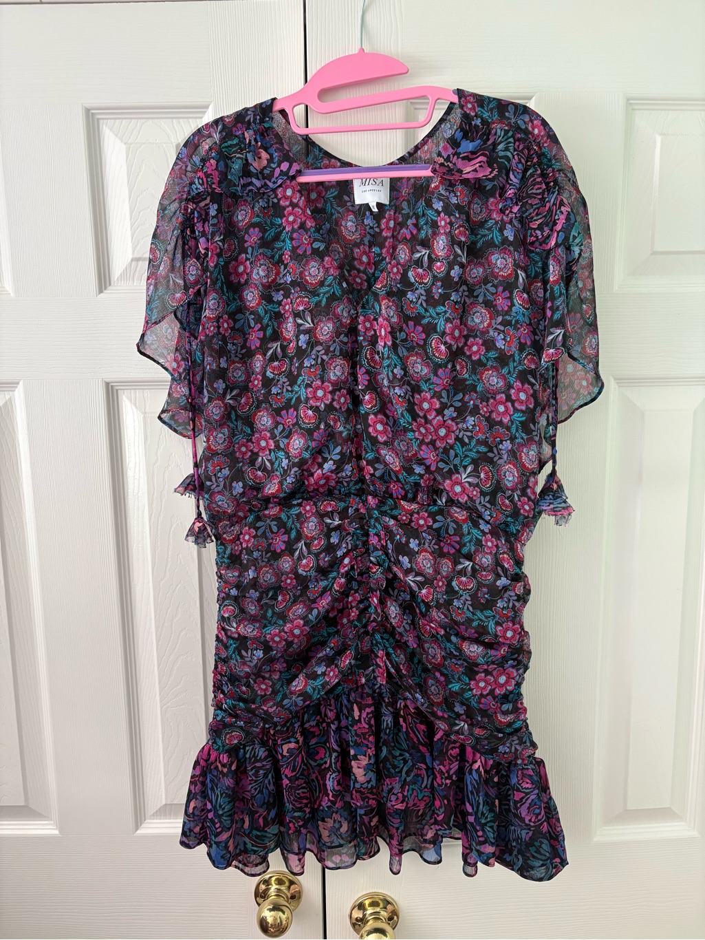 Misa Los Angeles Black Floral V-Neck Dress With Pink & Teal Blooms
